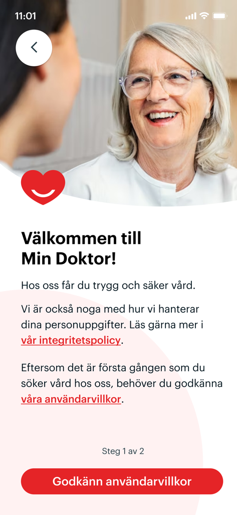 Min Doktor – Vård & vaccin - Ecrã de boas-vindas da aplicação Min Doktor com um profissional de saúde sorridente e um botão para aceitar os termos de utilização