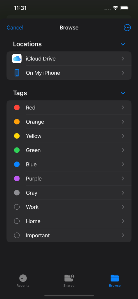 FileViewer USB for iPhone - La pantalla de exploración de FileViewer USB para iPhone mostrando ubicaciones de almacenamiento y etiquetas organizativas.