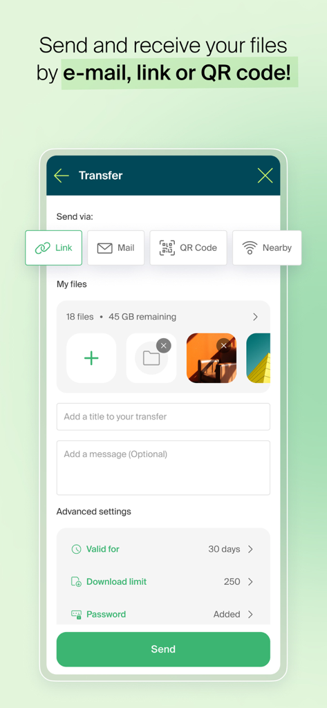 Infomaniak SwissTransfer - Interfaccia mobile di Infomaniak SwissTransfer che mostra le opzioni per inviare file tramite link, e-mail o codice QR con impostazioni di sicurezza avanzate come la protezione con password.