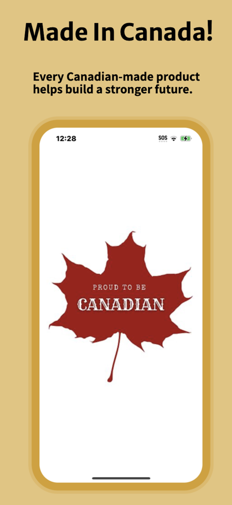 Canada Made - Intro screen for Canada Made app featuring a red maple leaf and patriotic text