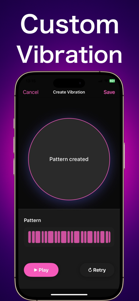 Strong Vibration BuruVibe - Interface de l'application mobile BuruVibe montrant la création d'un motif de vibration personnalisé avec une forme d'onde rose.