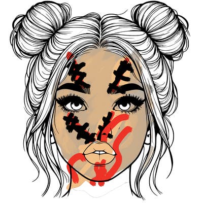 realistic girl with two buns on her hair and lips