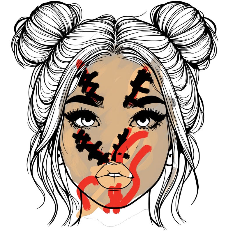 realistic girl with two buns on her hair and lips