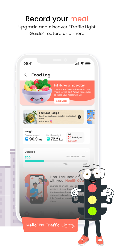 BookDoc app food log dashboard displaying weight tracking, calorie count, and traffic light guide mascot.