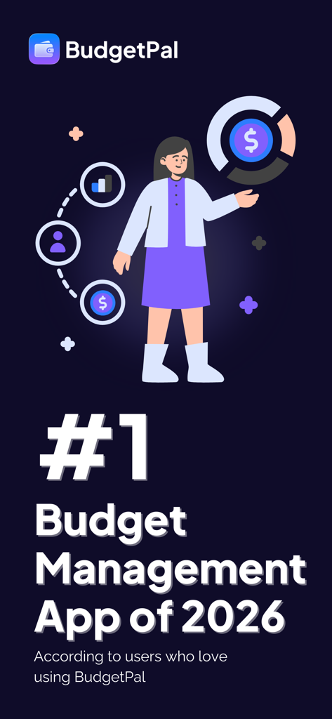 A woman managing financial icons on BudgetPal voted the number one budget management app of 2026