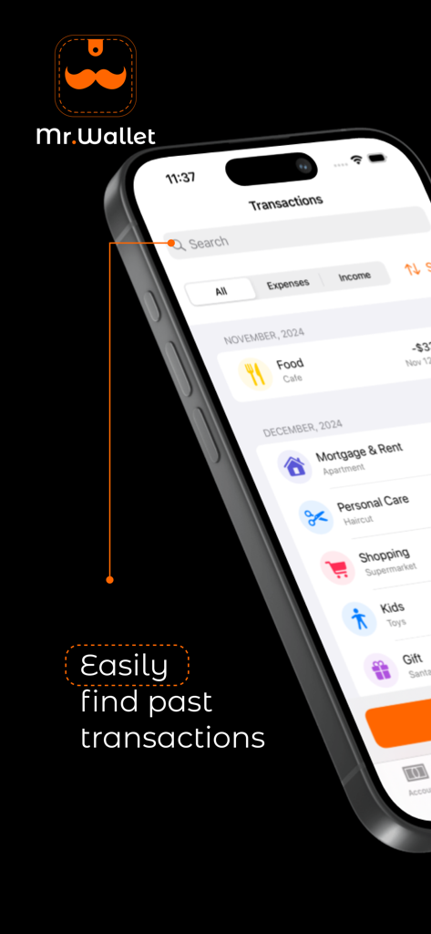 MrWallet: Money Tracker - Lista del historial de transacciones en MrWallet mostrando categorías de gastos y función de búsqueda