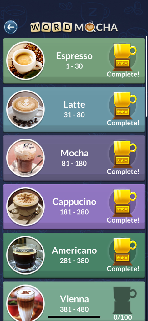 Word Mocha! - Menu screen of Word Mocha game featuring coffee-themed levels and achievement trophies.