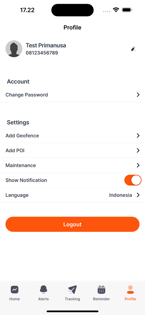 Tela de configurações de perfil do aplicativo Gtrack GPS mostrando gerenciamento de conta e configurações de notificação