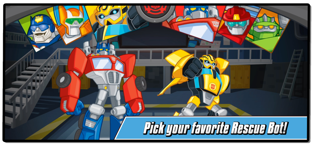 Tela de seleção de personagens no aplicativo Transformers Rescue Bots Hero com Optimus Prime e Bumblebee