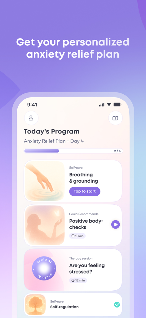 Interfaz móvil de la aplicación Soula que muestra un programa diario de alivio de la ansiedad con sesiones de respiración y terapia