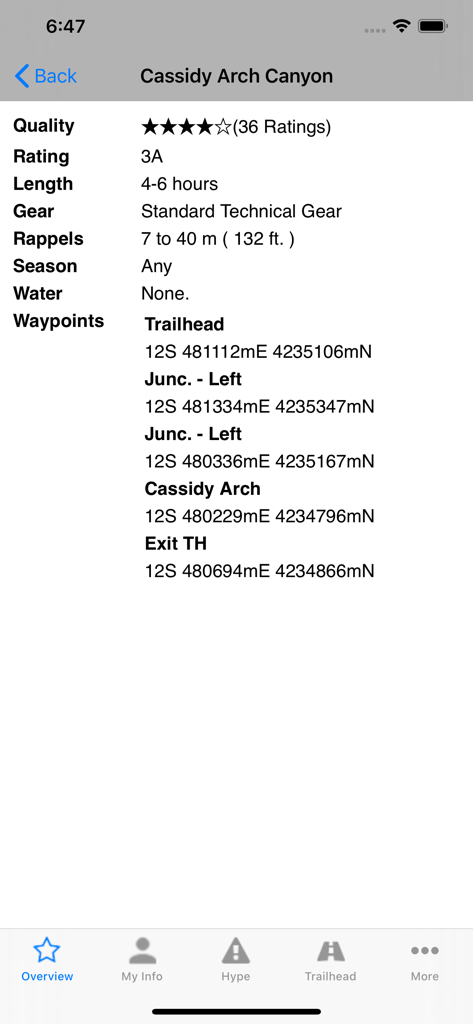 Road Trip Ryan Trip Guide - Technical details and GPS waypoints for Cassidy Arch Canyon in the Road Trip Ryan app