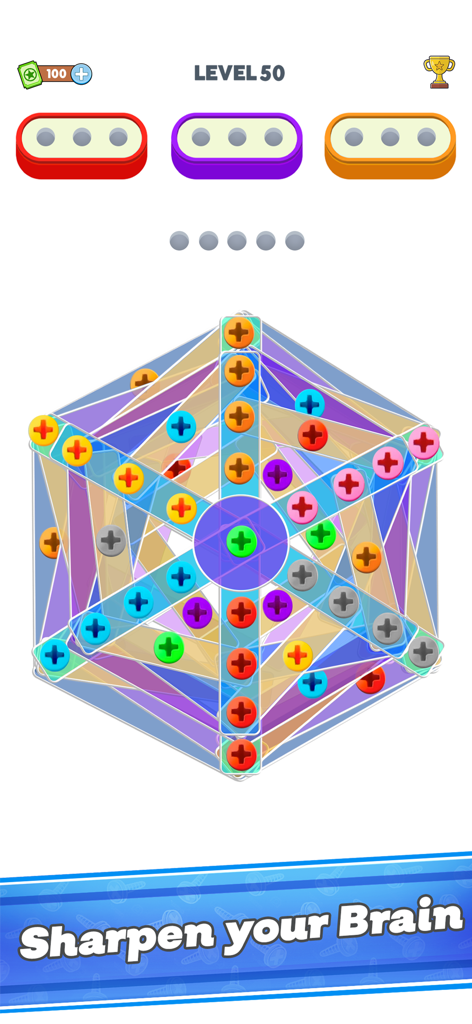 Screw Jam:  Puzzle Challenge - Screw Jam Puzzle Challenge mobile game level with colorful hexagonal boards and screw boxes