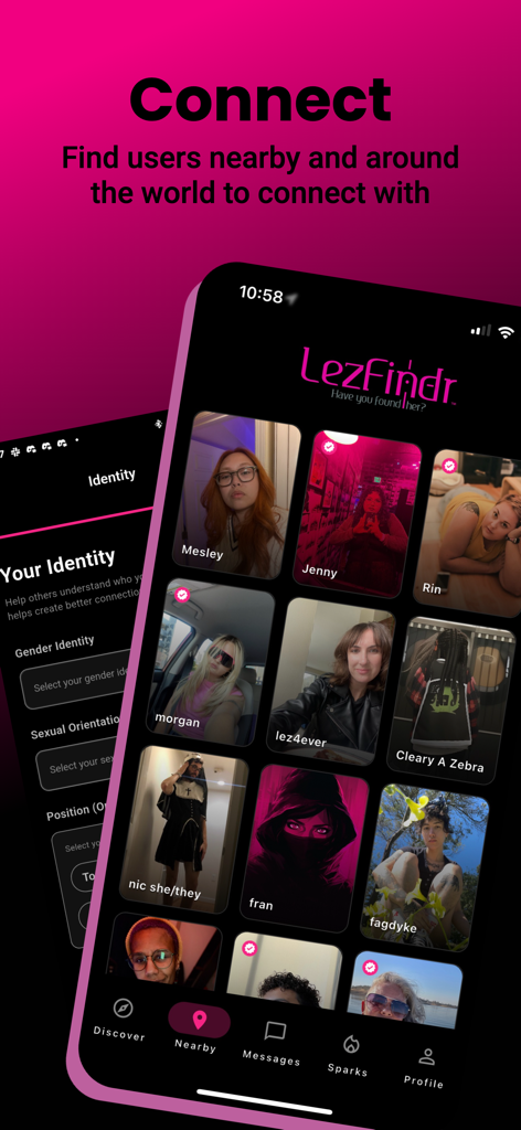 LezFindr: Lesbian Dating App - 검증된 사용자 프로필의 그리드와 신원 설정 화면을 보여주는 LezFindr 앱 인터페이스