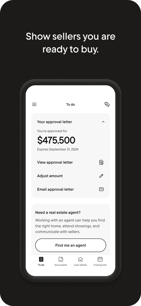 Rocket Mortgage mobile app showing a digital mortgage approval letter for four hundred seventy-five thousand dollars