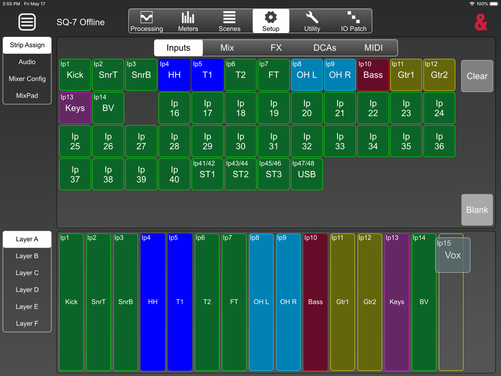 SQ MixPad - SQ MixPad app interface showing input channel strip assignment and layer configuration in setup mode