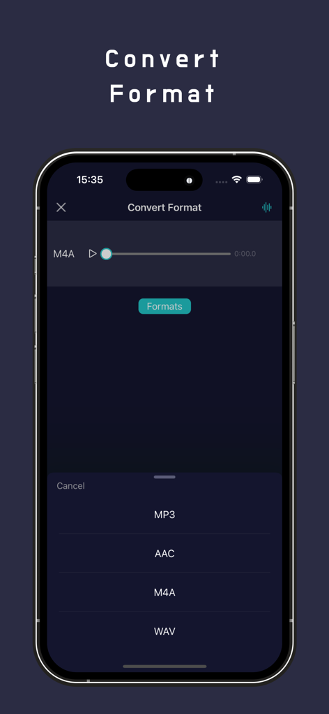 Audio Editor-Music/Sound mixer - MP3、AAC、WAVなどのオーディオフォーマット変換オプションが表示されているモバイルアプリのインターフェース。