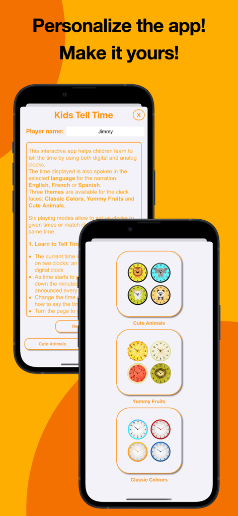 Kids Tell Time! - Mobile app screens showing player name entry and colorful clock themes including animals and fruits