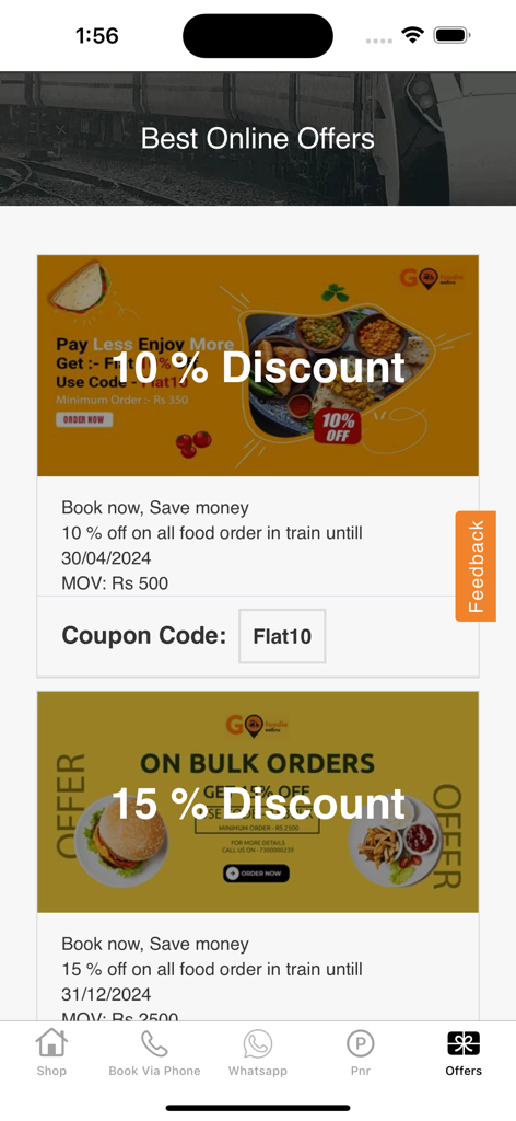 Gofoodieonline 앱 화면, 인도 기차 음식 배달 할인 쿠폰 표시