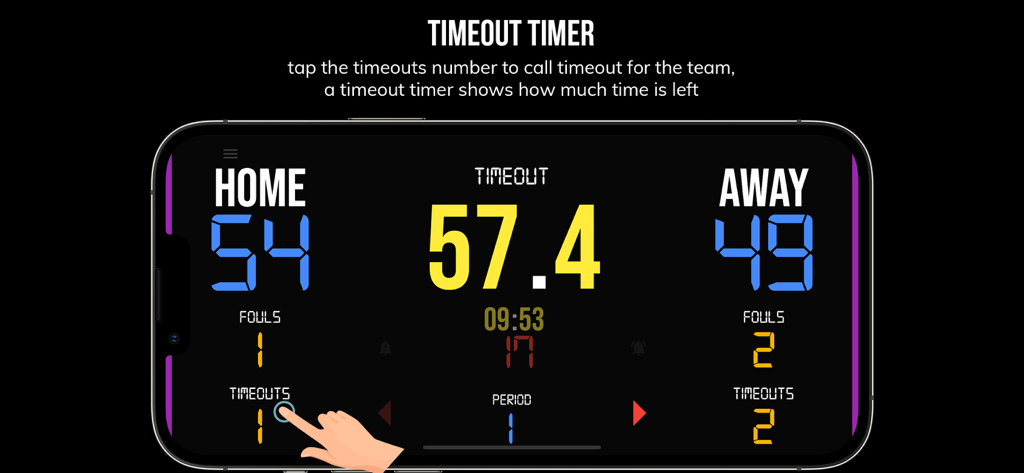 BT 농구 스코어보드 앱에서 타임아웃 타이머 인터페이스를 보여주는 스마트폰