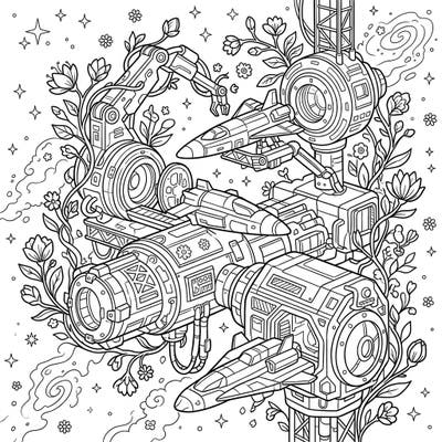 Explore a unique blend of science fiction and nature with this enchanting coloring page, featuring intricate space docking ports adorned with spring blossoms. Unleash your creativity by adding vibrant colors to this futuristic floral scene.