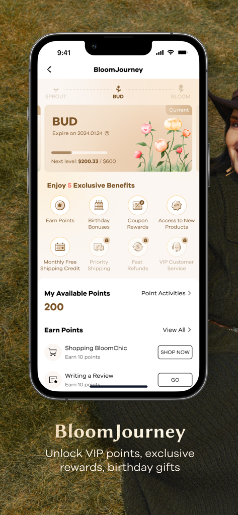 BloomChic app BloomJourney loyalty program screen displaying membership tier and available points