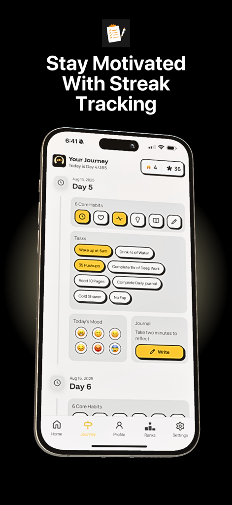 YLAG: Daily Habits Tracker - Interface of YLAG habit tracker showing daily tasks, core habits, and streak progress.
