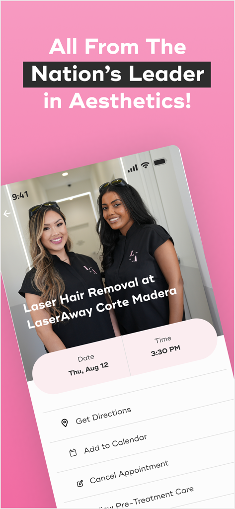 LaserAway Mobile - Tela do aplicativo móvel LaserAway mostrando detalhes e opções de gerenciamento de consulta de depilação a laser