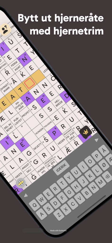 Captura de pantalla de la aplicación Kryssordprinsen que muestra la interfaz de un crucigrama noruego con un teclado móvil