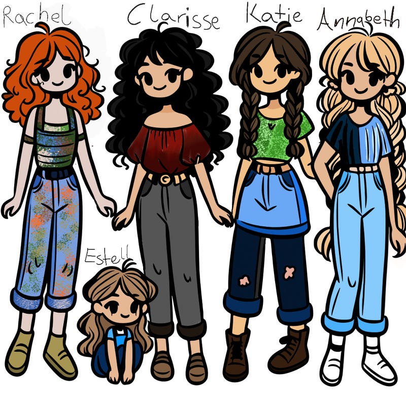 5 girls 1 with curly hair and 1 with braids wearing jeans