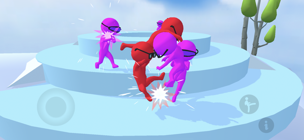 빨간색과 보라색 스틱맨 캐릭터가 래그돌 브롤러 아레나에서 싸우는 모습