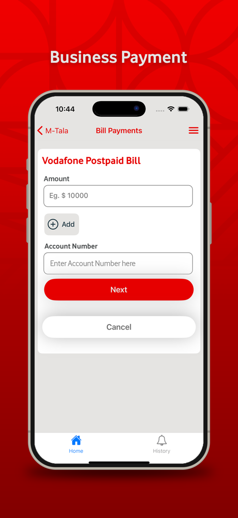 M-Tala - Interfaz de la aplicación M-Tala que muestra la pantalla de pago de facturas de Vodafone Postpaid con campos para importe y número de cuenta