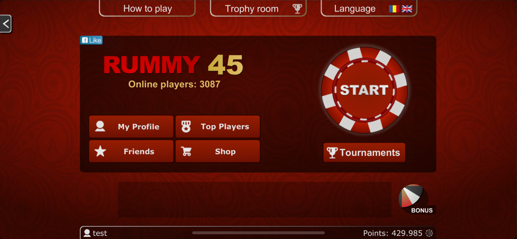 Rummy 45 - Remi Etalat - Main menu of the Rummy 45 mobile game showing the start button and navigation options