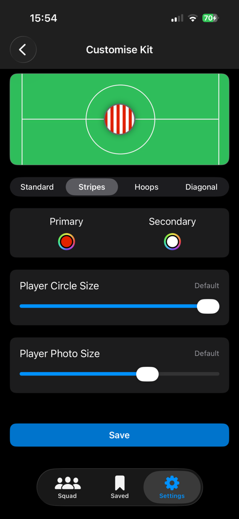 Squad11 - Lineup Builder - Interface for customizing football kit patterns and colors in the Squad11 app.