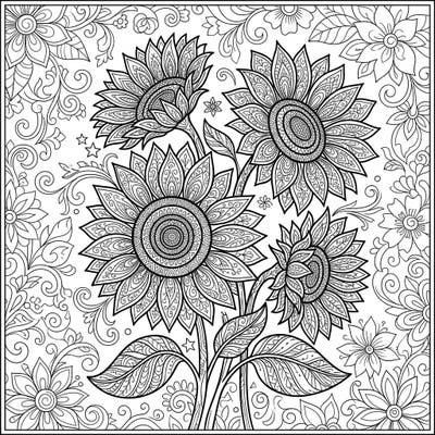 Dive into a world of intricate beauty with this stunning adult coloring page featuring magnificent red sunflowers. Each petal and leaf is adorned with elaborate patterns, inviting you to explore color and unwind.