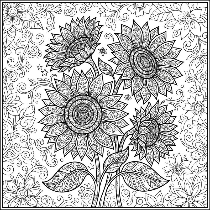 Dive into a world of intricate beauty with this stunning adult coloring page featuring magnificent red sunflowers. Each petal and leaf is adorned with elaborate patterns, inviting you to explore color and unwind.