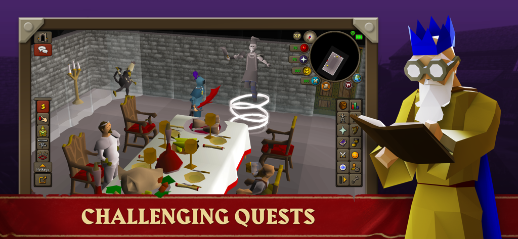 Old School RuneScape - A gameplay screenshot of Old School RuneScape showing a quest scene in a dining hall alongside a cartoon illustration of a character reading a book.