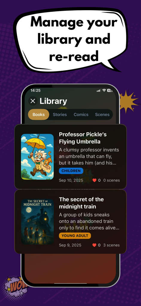 Comic Book Maker - iCartoon - Interface of the iCartoon app library showing saved comic books like Professor Pickles Flying Umbrella.