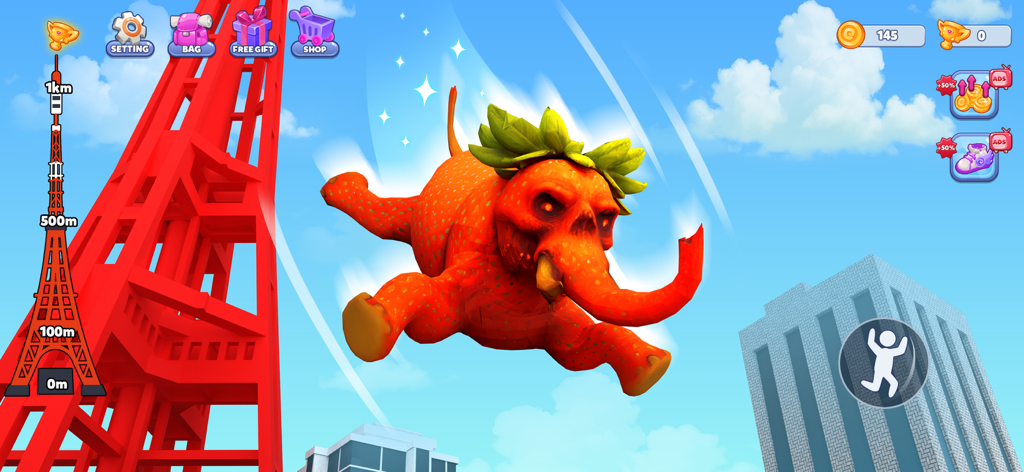 Brainzot Climb and Jump - Un personaggio elefante a tema fragola che salta nel cielo nel gioco mobile Brainzot Climb and Jump.