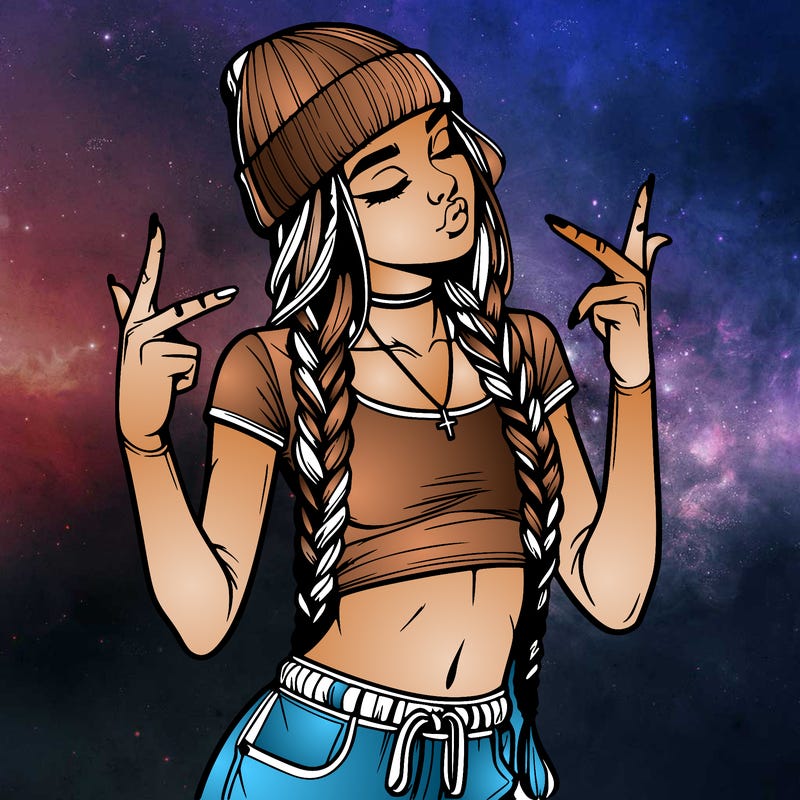 realistic teenage girl with braids and a beanie and crop top doing 🫶🏼
