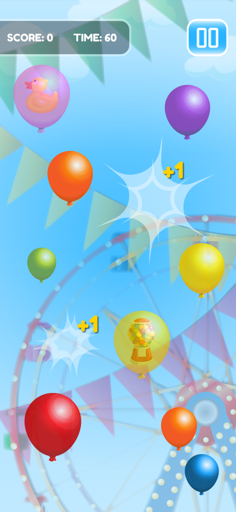 Pop Balloon Fun - Tapping Game - Jugabilidad de Pop Balloon Fun mostrando globos y juguetes de colores en una feria
