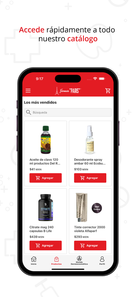 Interface mobile de l'application Farmacia Paris affichant les produits pharmaceutiques et de santé les plus vendus avec une barre de recherche