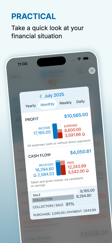 Account Book - Money Manager - Panel financiero mensual en la aplicación Account Book que muestra una visión general de ganancias y flujo de efectivo para julio de 2025