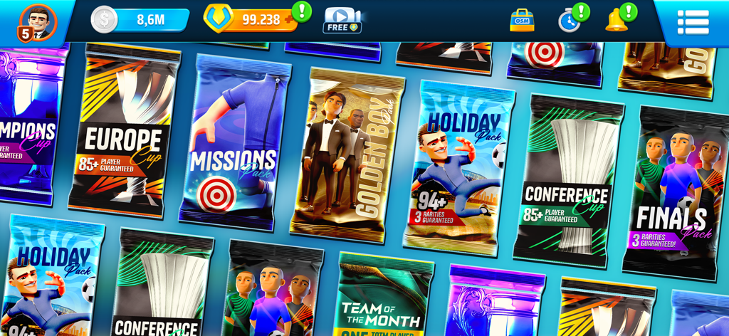 A variety of collectible soccer card packs including Europe Cup and Golden Boy editions in the Online Soccer Manager store