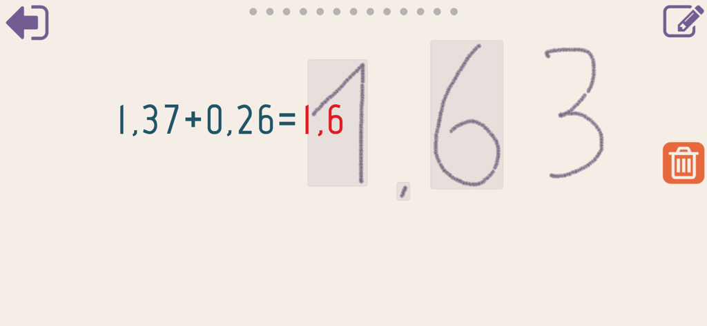 Mathe 5. Klasse - A screenshot of the Mathe 5. Klasse app showing a decimal addition problem solved using handwriting input.