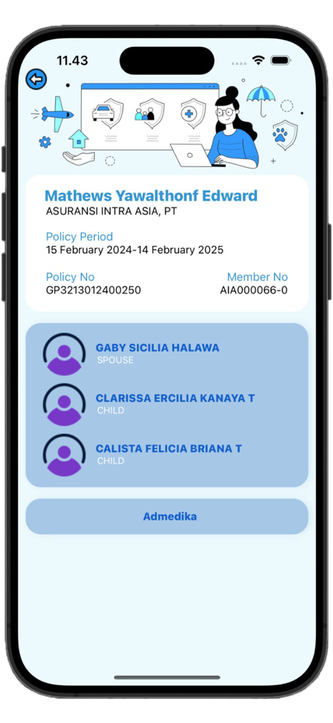 Intra Asia Health - Interface do aplicativo Intra Asia Health mostrando informações da apólice de seguro e membros da família listados.