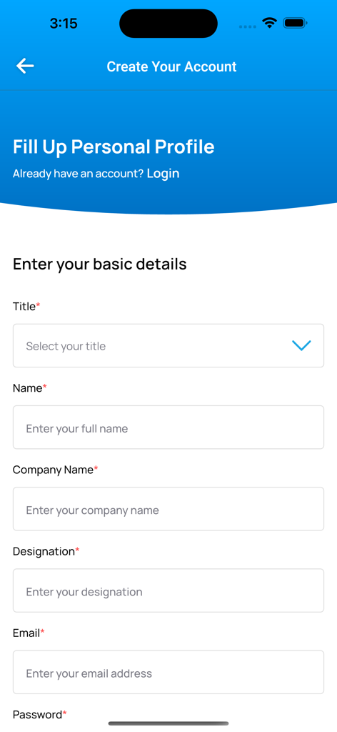 WAF App - The registration screen of the WAF App where users fill out their personal profile including title, name, company name, and professional designation.