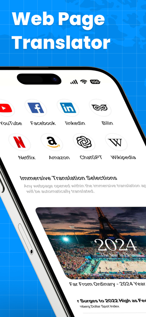AI Translator for Web Pages - KI-Übersetzer für Webseiten App-Oberfläche mit Website-Symbolen und immersiven Übersetzungsoptionen auf einem iPhone-Bildschirm.