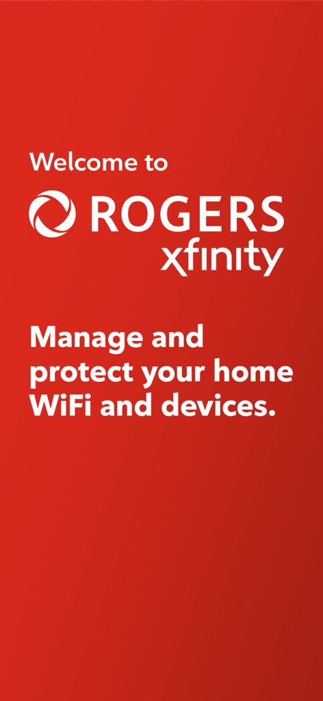 Welcome screen of the Rogers Xfinity app with text to manage and protect home WiFi and devices