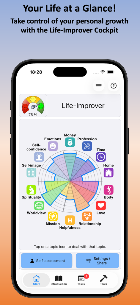 Life-Improver - Selfcoaching - 自己コーチングと個人の成長のためのライフホイールを示すLife-Improverアプリダッシュボード
