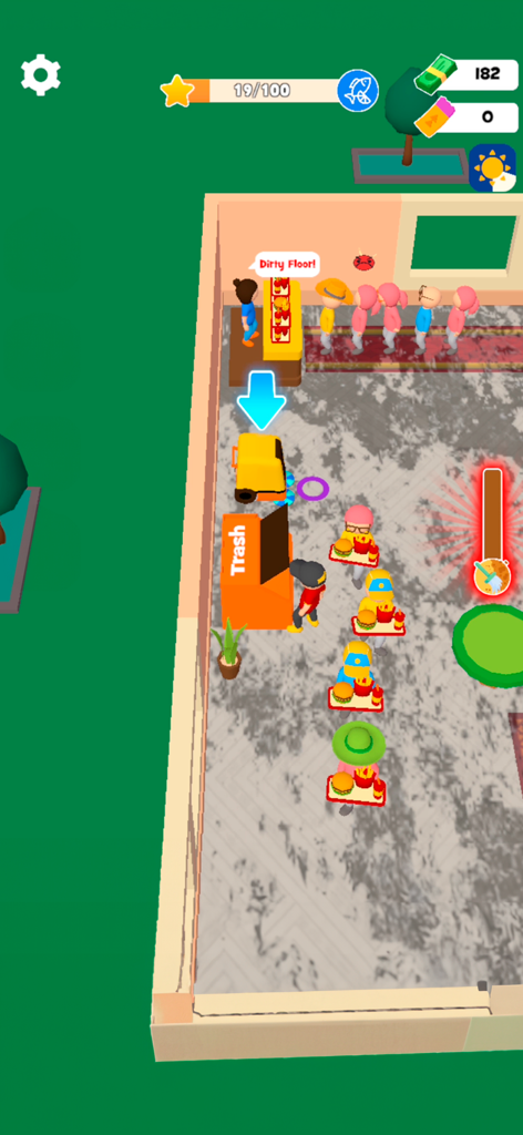 Clean It: Cleaning Games - A character cleaning a dirty floor in a restaurant management mobile game